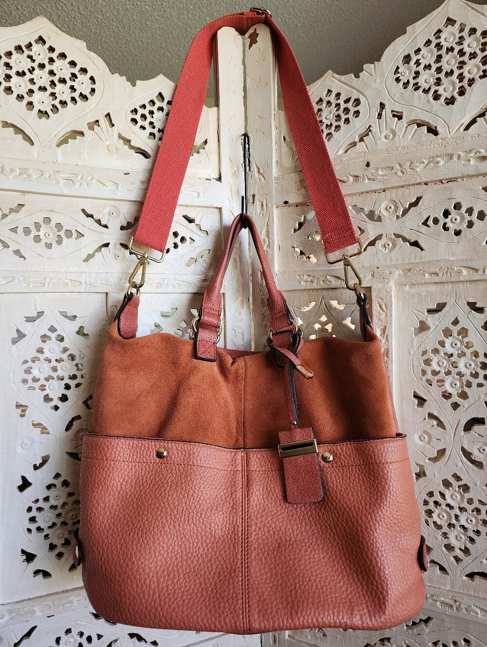 Moda Luxe Dark Coral Vegan Leather & Suade Crossbody Tote Bag Satchel Purse